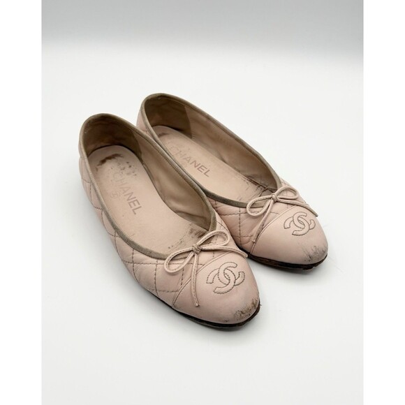 Chanel Ballet Flats Pink Quilted Leather w/ CC Logo Toe & Ribbon Sz EU 35.5 5.5 - Picture 2 of 15
